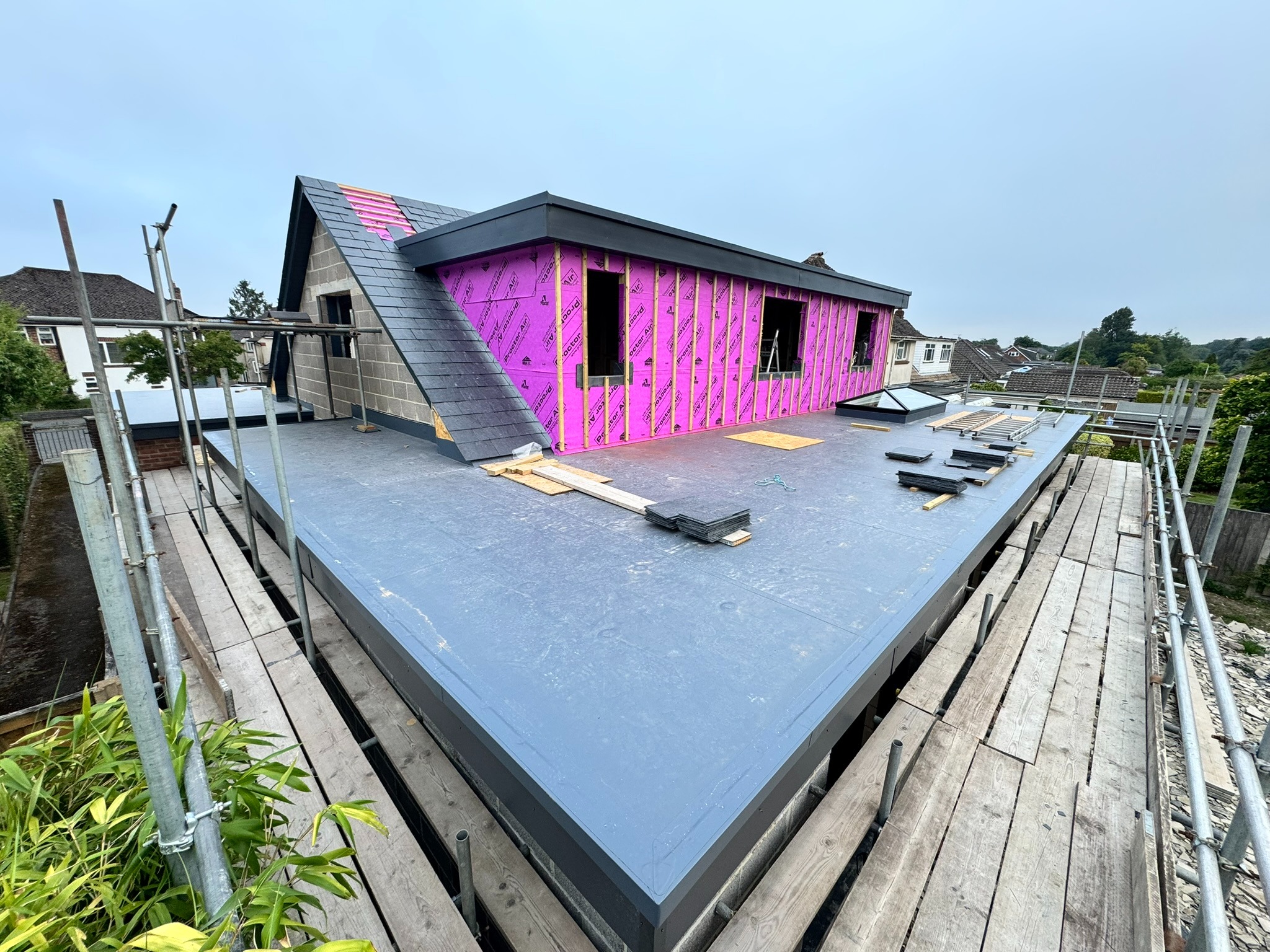 Single-ply flat roof integrated into a residential new-build at Corfe Way